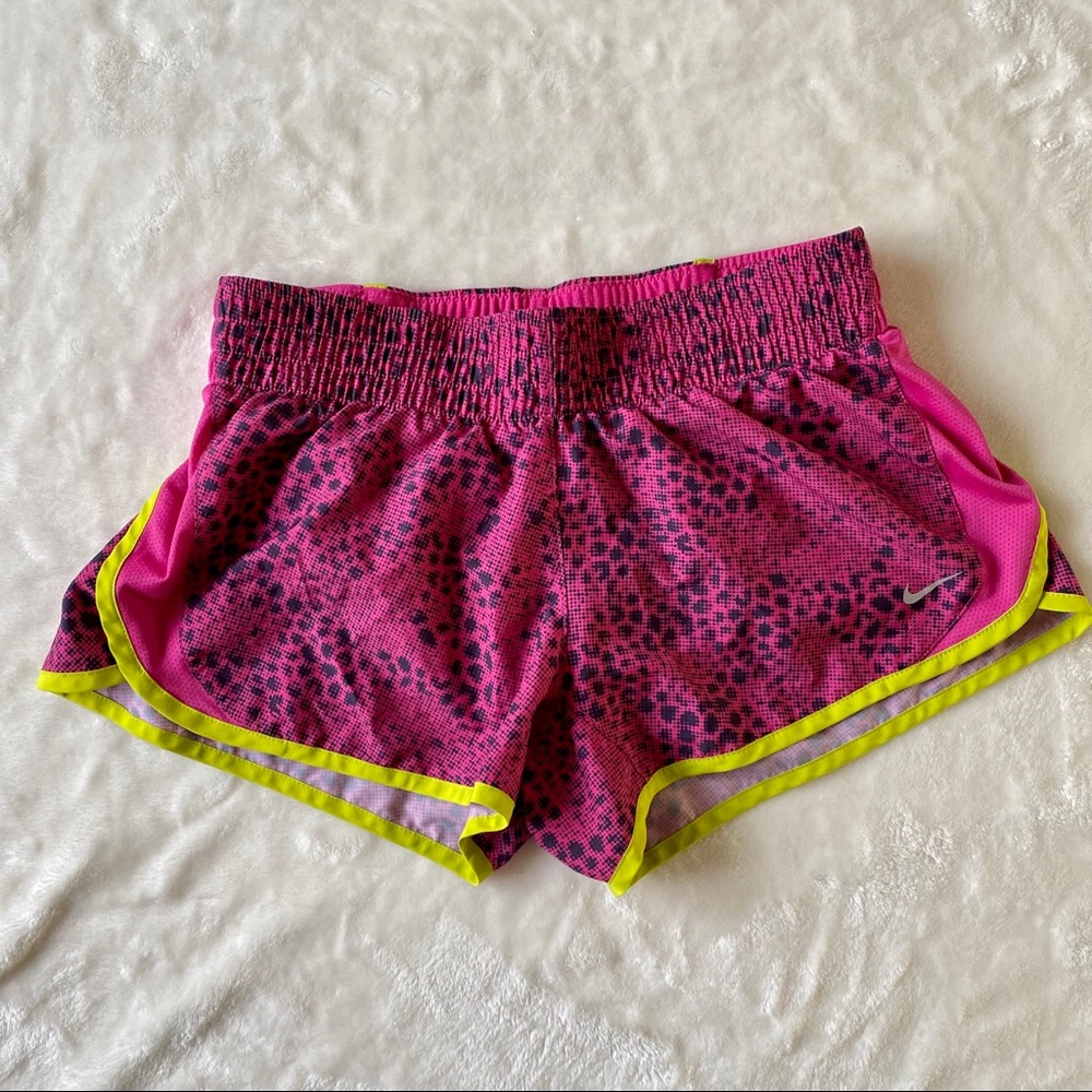 Nike Dri-Fit‎ Womens Pink Leopard Print Running Shorts Built In Brief Size S